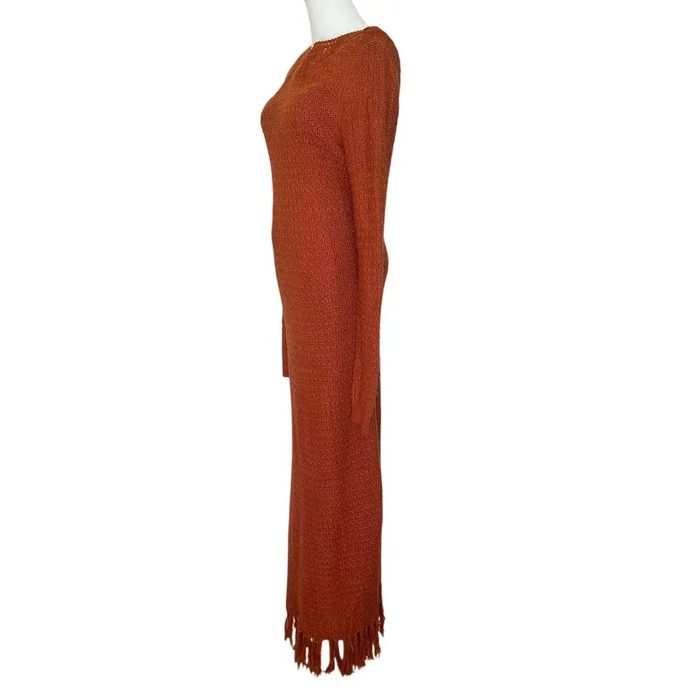 Pamela Love Clay Brown Crochet Maxi Dress LARGE Sweater Fringe Designer $395 - Picture 10 of 13